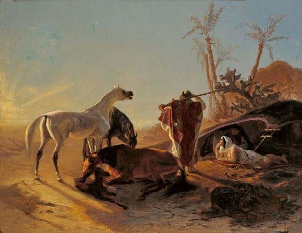 unknow artist Rastendes Beduinenpaar mit Araberpferden oil painting image